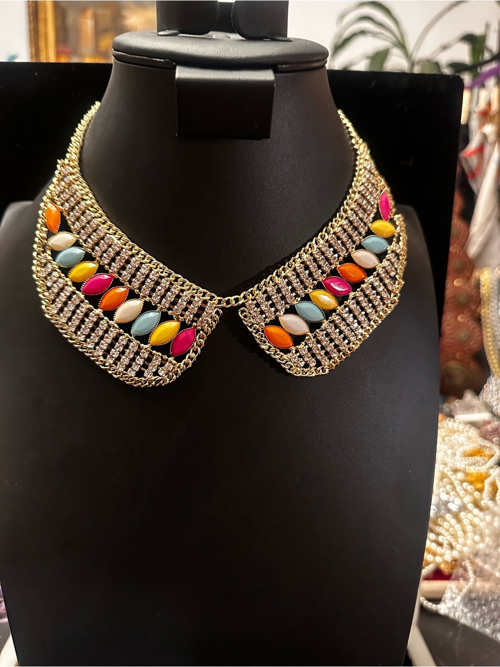 Multicolor Enamel & Gold-Tone Statement Collar Necklace 16”plus 3” extender